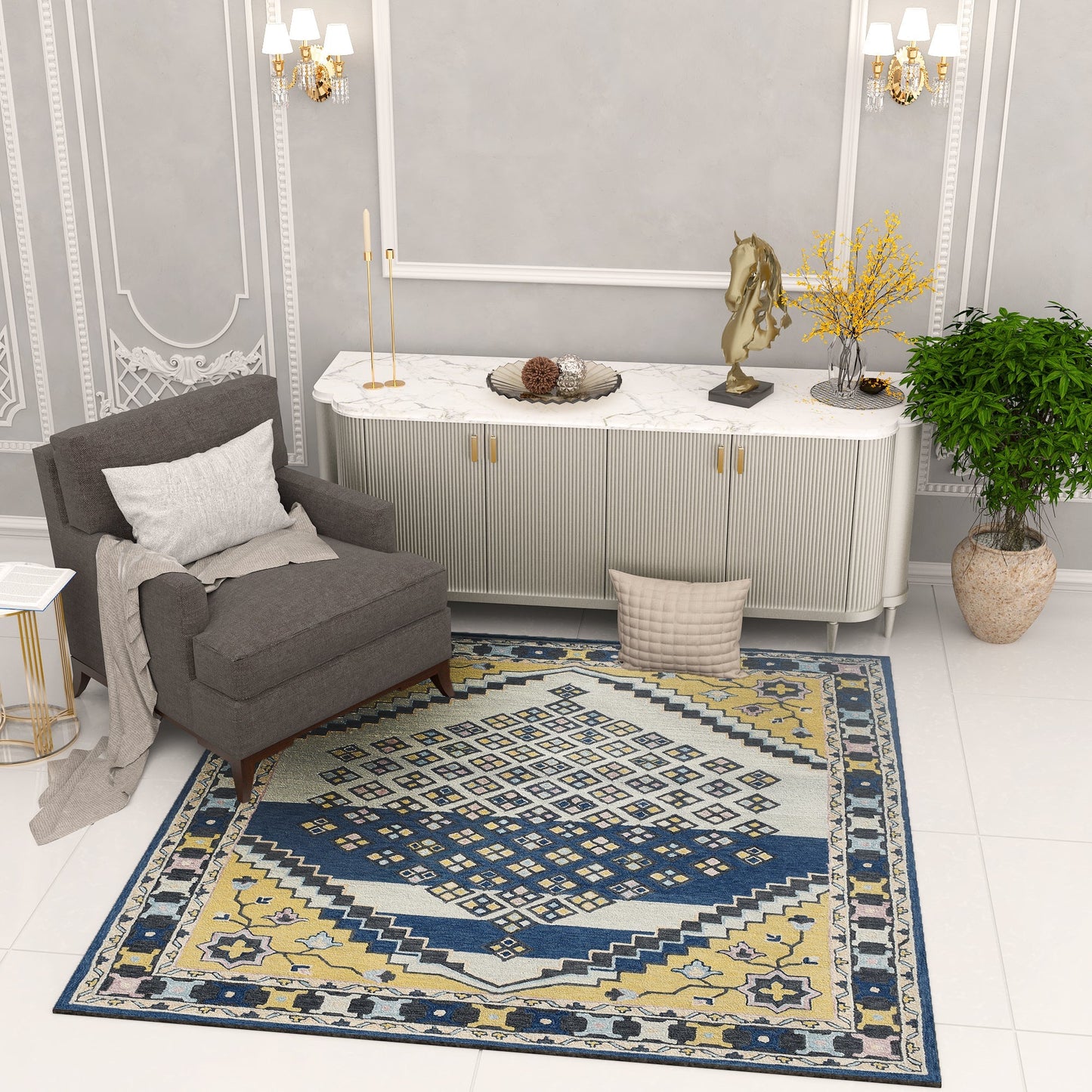 Premium Hand-Tufted Rug Made of 100% Wool - Tatar Folk - 6x6 Feet