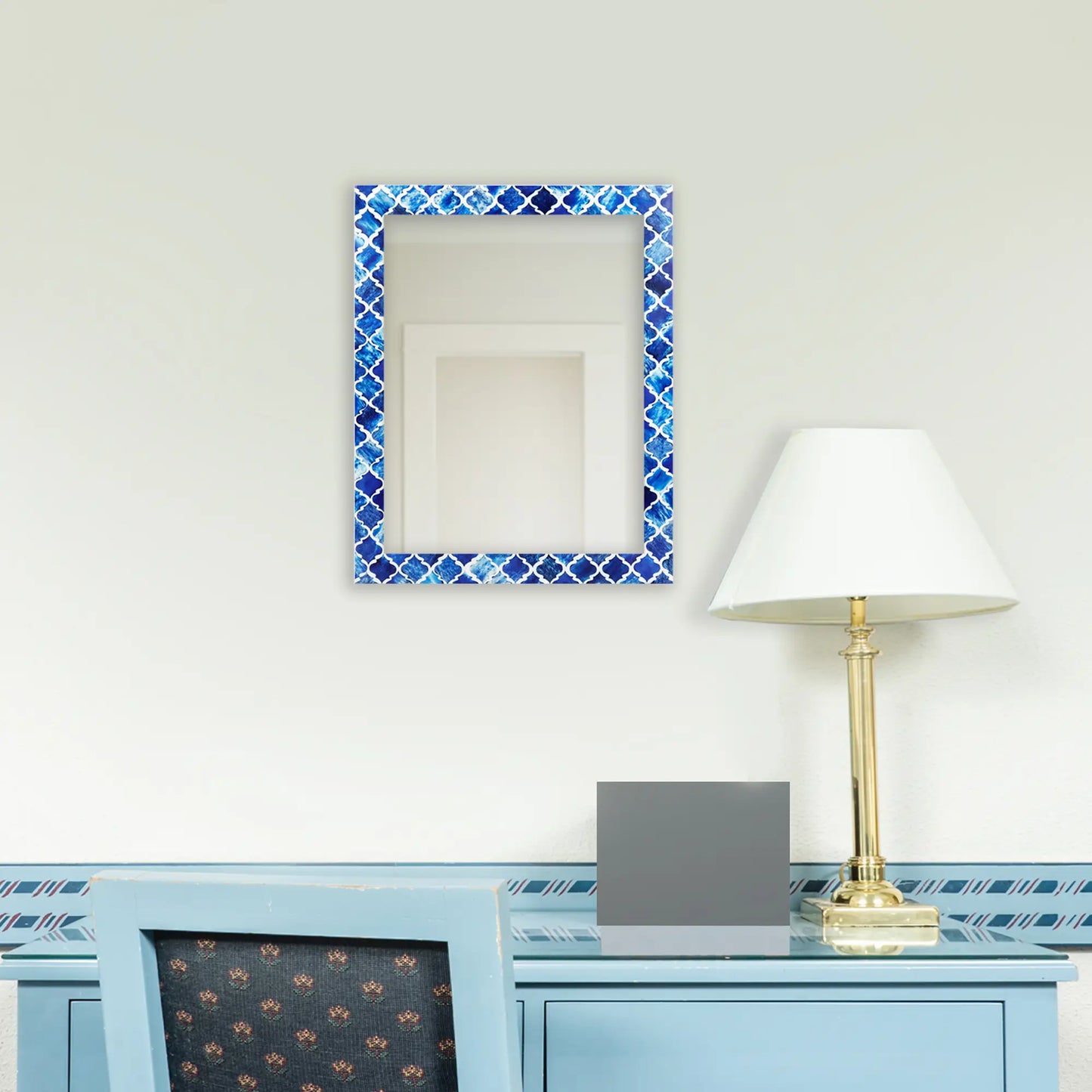 Make to Order Moroccan Blue Mirror Bone & Resin Inlay Collection in 7 Sizes