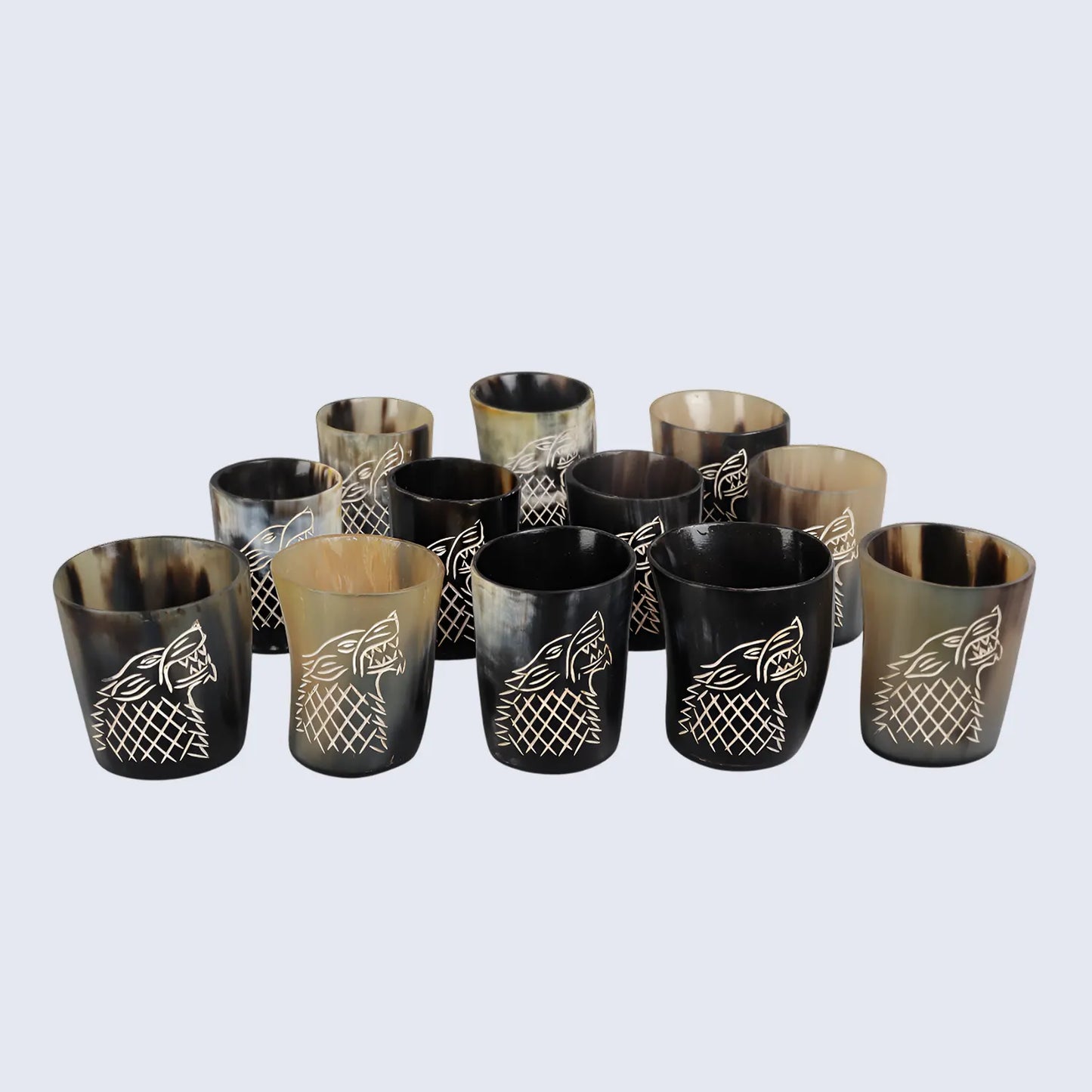 Horn Whiskey Shot Glasses Pack (4,8 & 12) – Hold Up to 6.5oz, Viking Wolf