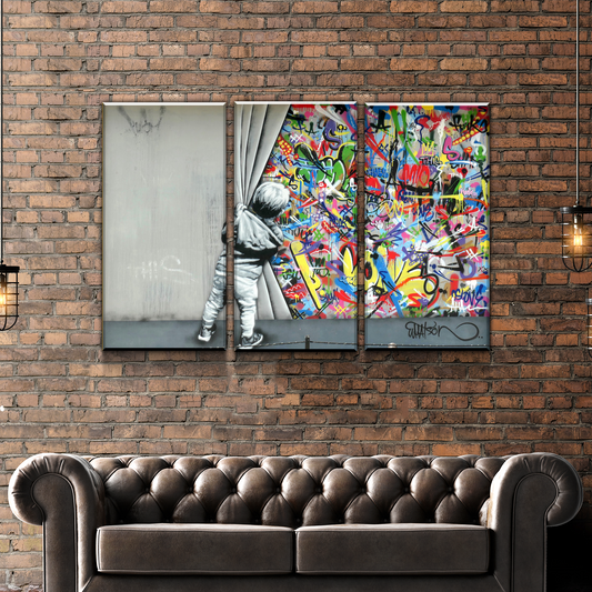 Banksy Prints | Banksy Canvas Art | Banksy Prints for Sale | Graffiti Canvas Art |  Whatson Behind the Curtain Reproduction 3 Panel TRIPTYCH