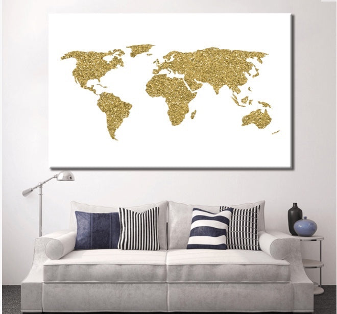 Gold World Map Wall Art, world map push pin Large watercolor wall art world map poster wall dorm decor art print, Living room and office decor