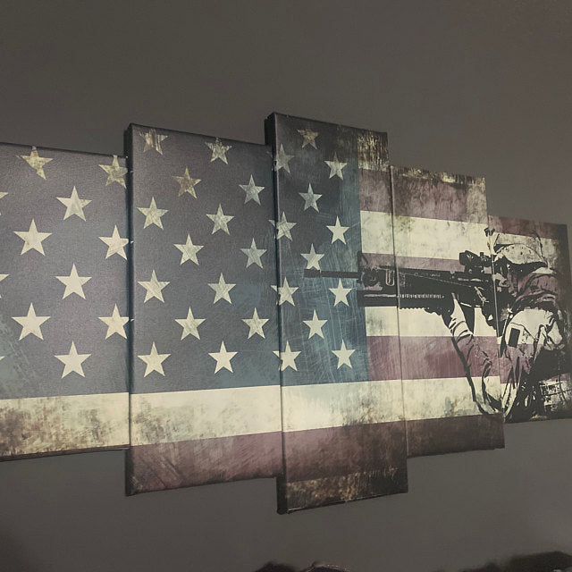 American Flag Decor | American Flag Art | Canvas Wall Art Poster Print | Rustic American Flag with Soldiers