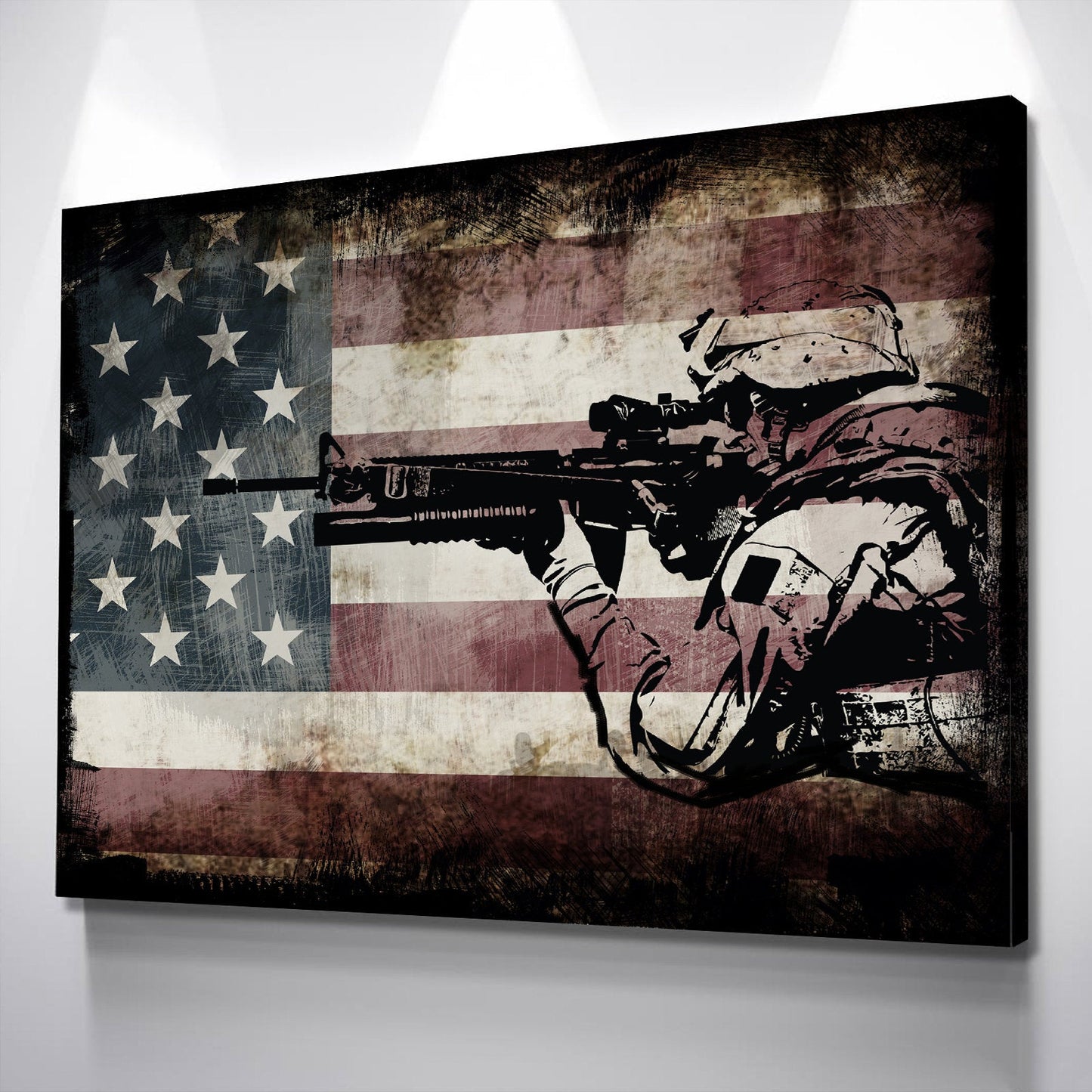 American Flag Decor | American Flag Art | Canvas Wall Art Poster Print | Rustic American Flag with Soldiers