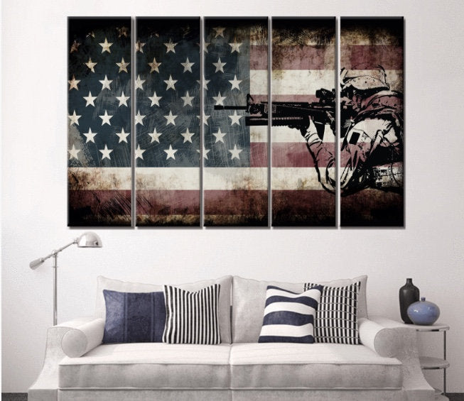 American Flag Decor | American Flag Art | Canvas Wall Art Poster Print | Rustic American Flag with Soldiers