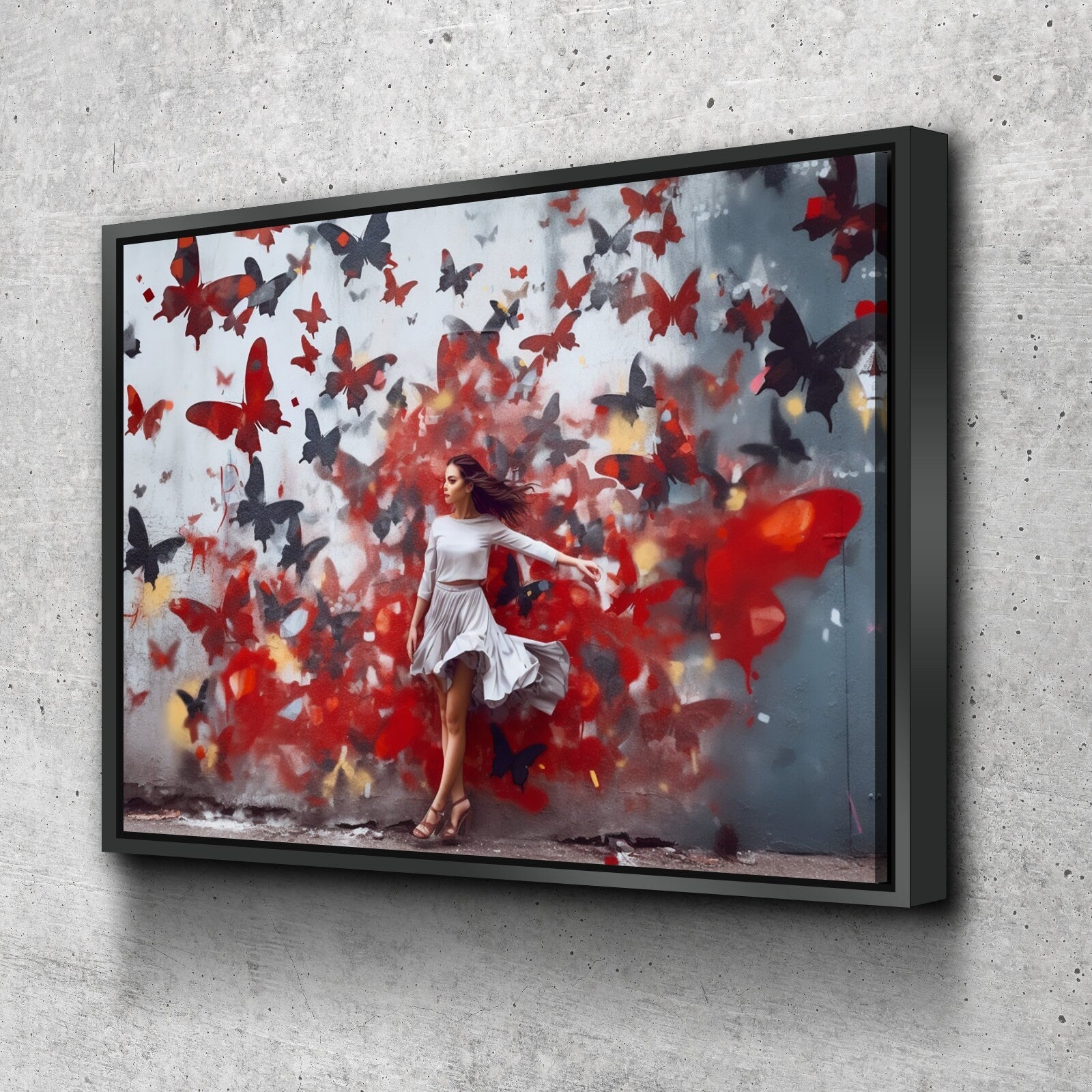 Graffiti Canvas Art | Girl Black and Red Butterflies Print Poster Art Canvas Wall Art | Living Room Bedroom Canvas Wall Art