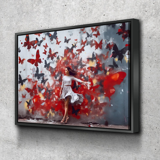 Graffiti Canvas Art | Girl Black and Red Butterflies Print Poster Art Canvas Wall Art | Living Room Bedroom Canvas Wall Art