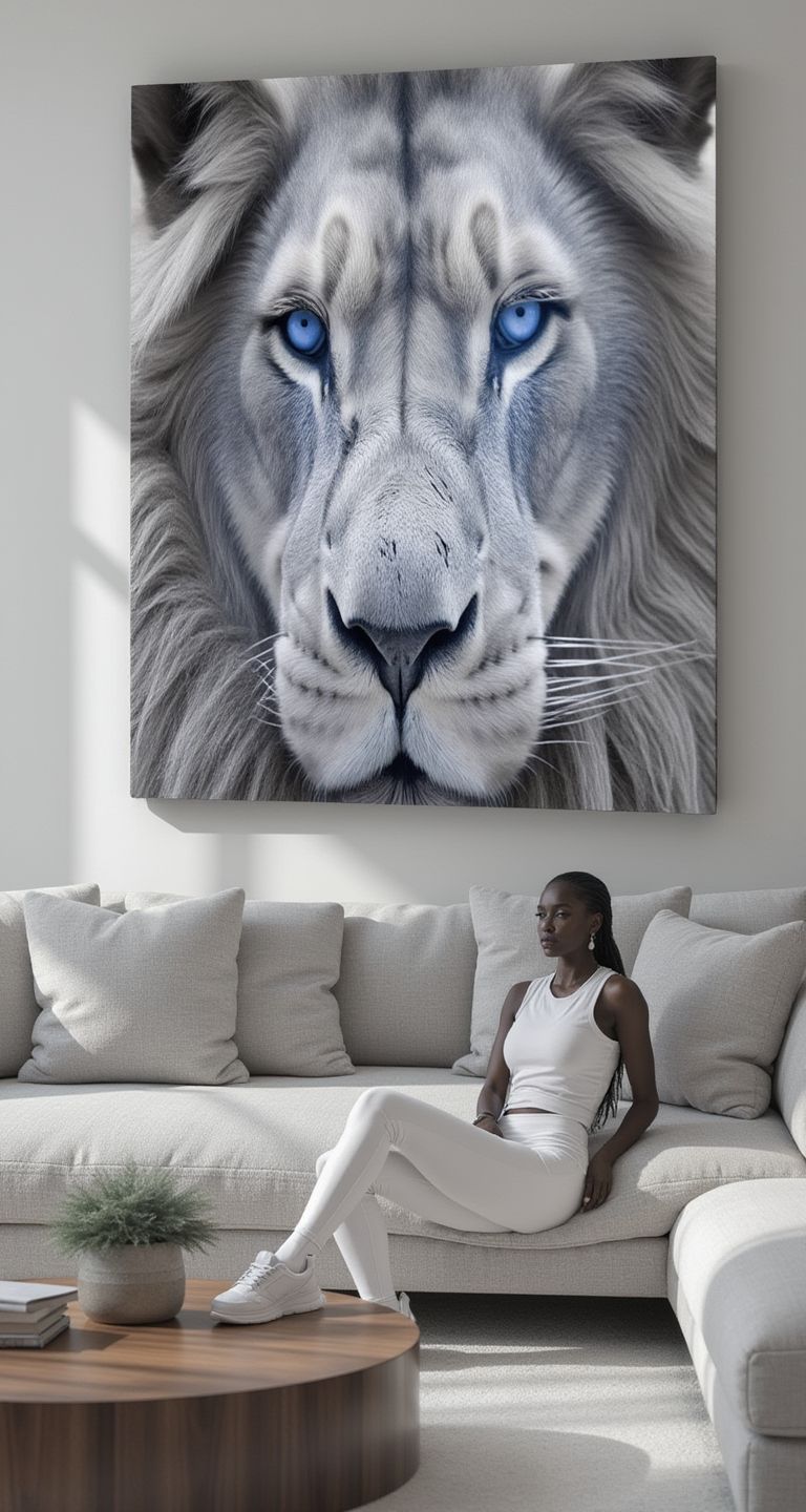 Blue Eyed Arctic Lion Wall Art – Canvas Animal Decor