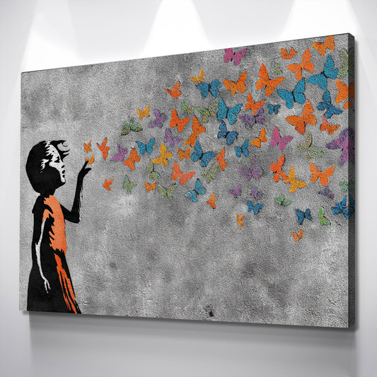 Butterfly Girl Banksy-Style Canvas – Colorful Graffiti Wall Art
