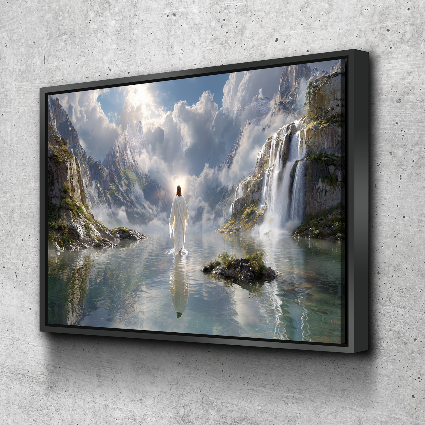 Jesus Walking on Water Canvas – Spiritual Wall Art with Waterfalls