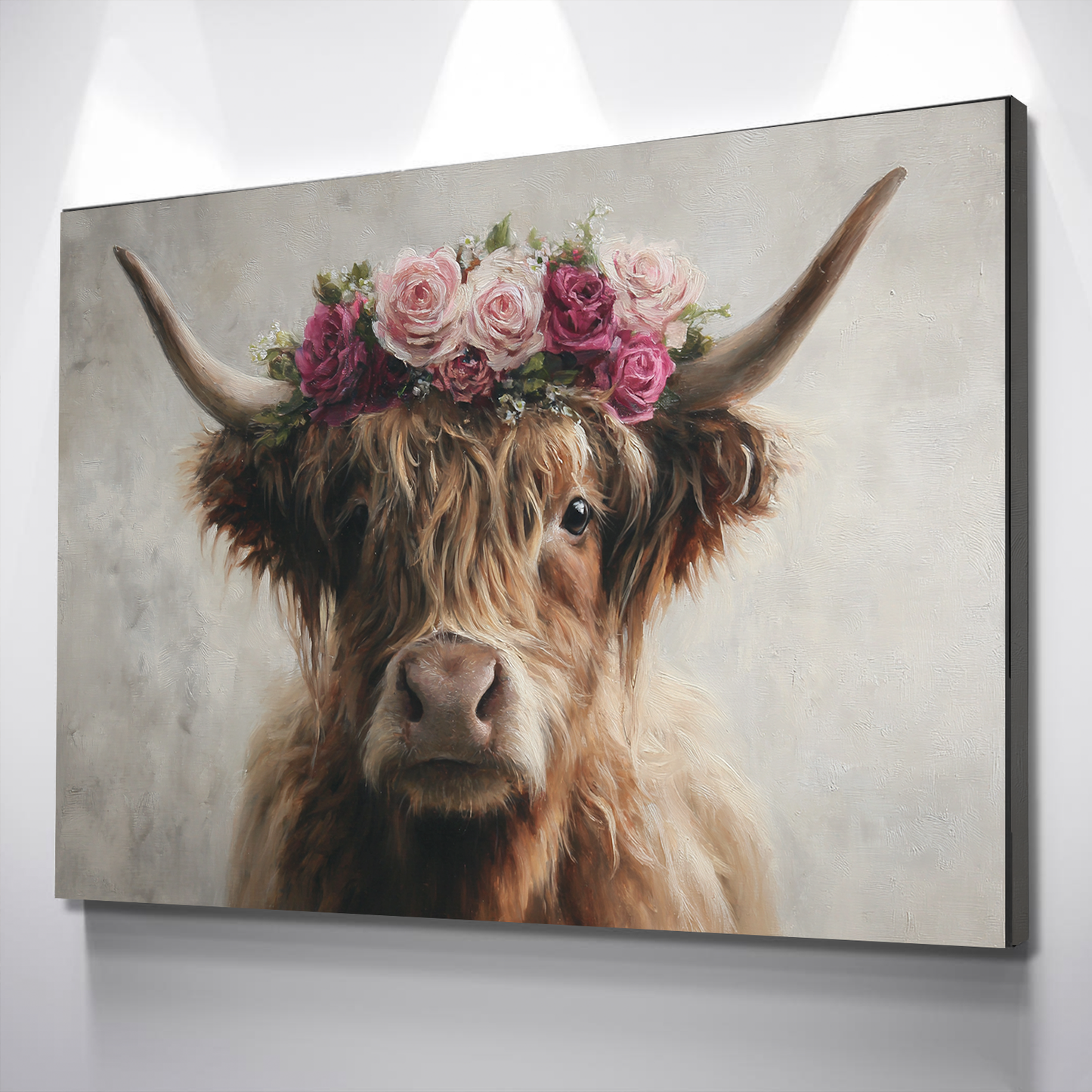 Highland Cow Canvas Wall Art – Floral Crown Farmhouse Decor