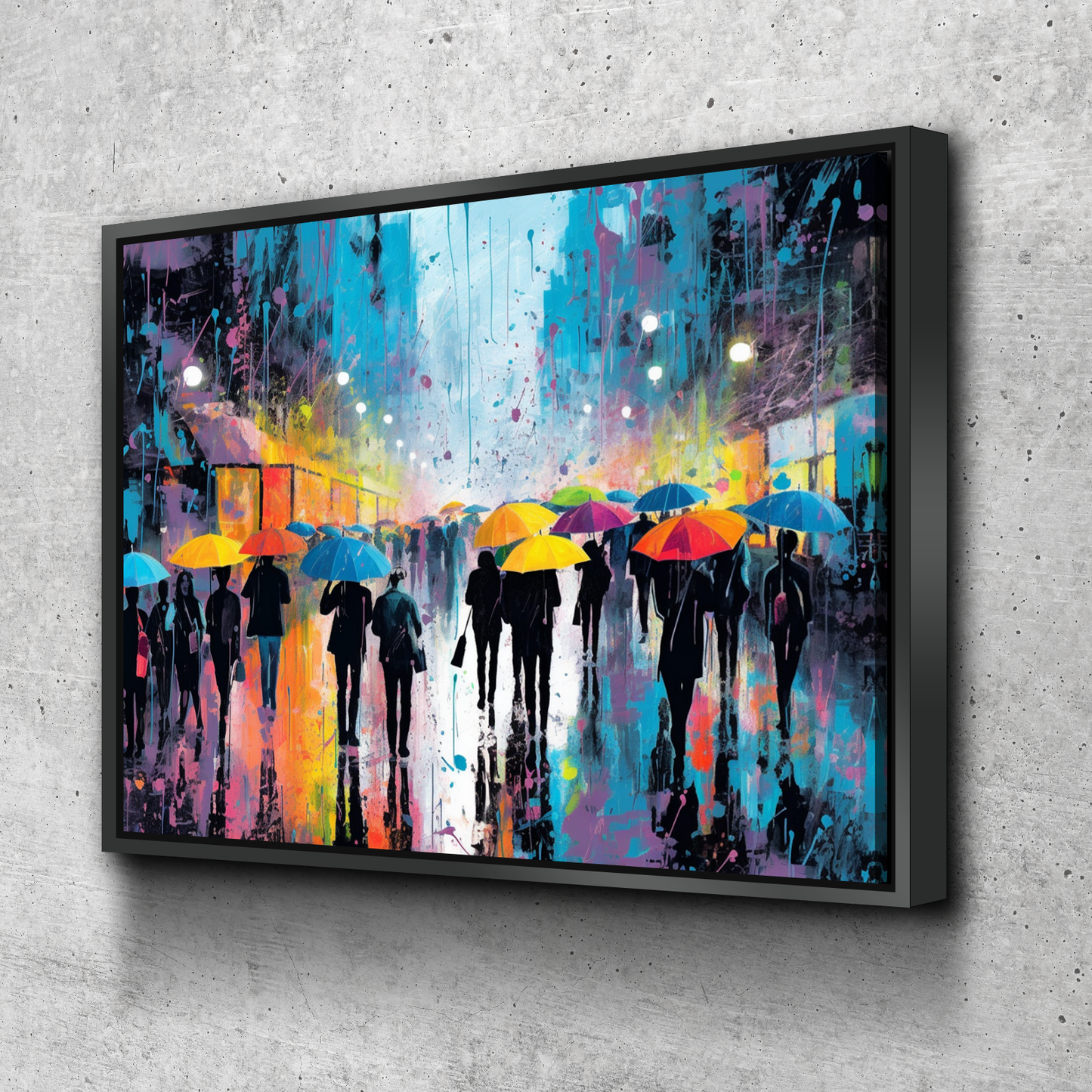 Graffiti Canvas Art | Colored Rain People in the Street v2 Graffiti Print Poster Art Canvas Wall Art | Living Room Bedroom Canvas Wall Art