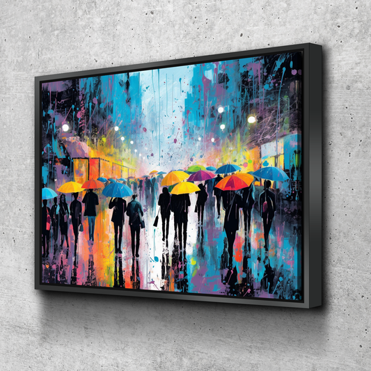 Graffiti Canvas Art | Colored Rain People in the Street v2 Graffiti Print Poster Art Canvas Wall Art | Living Room Bedroom Canvas Wall Art