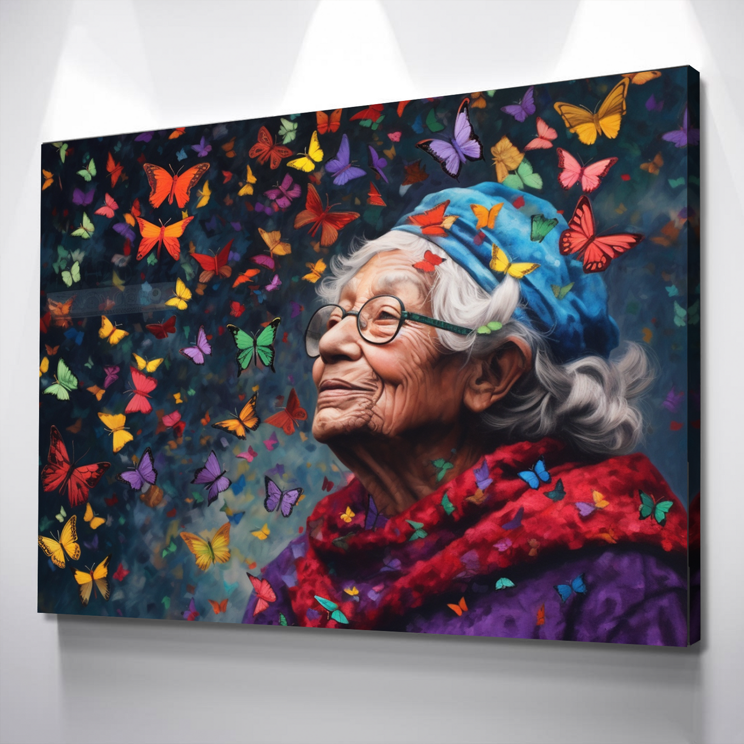 Graffiti Canvas Art | Old Lady Butterflies Print Poster Art Canvas Wall Art | Living Room Bedroom Canvas Wall Art