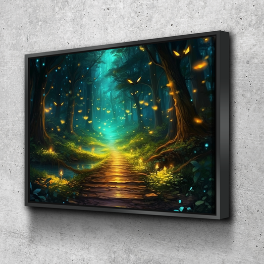 Living Room Wall Art | Landscape Wall Art Canvas Prints | Forest Wall Art | Forest Scenery Canvas Wall Art | Beautiful Fireflies on a Pathway