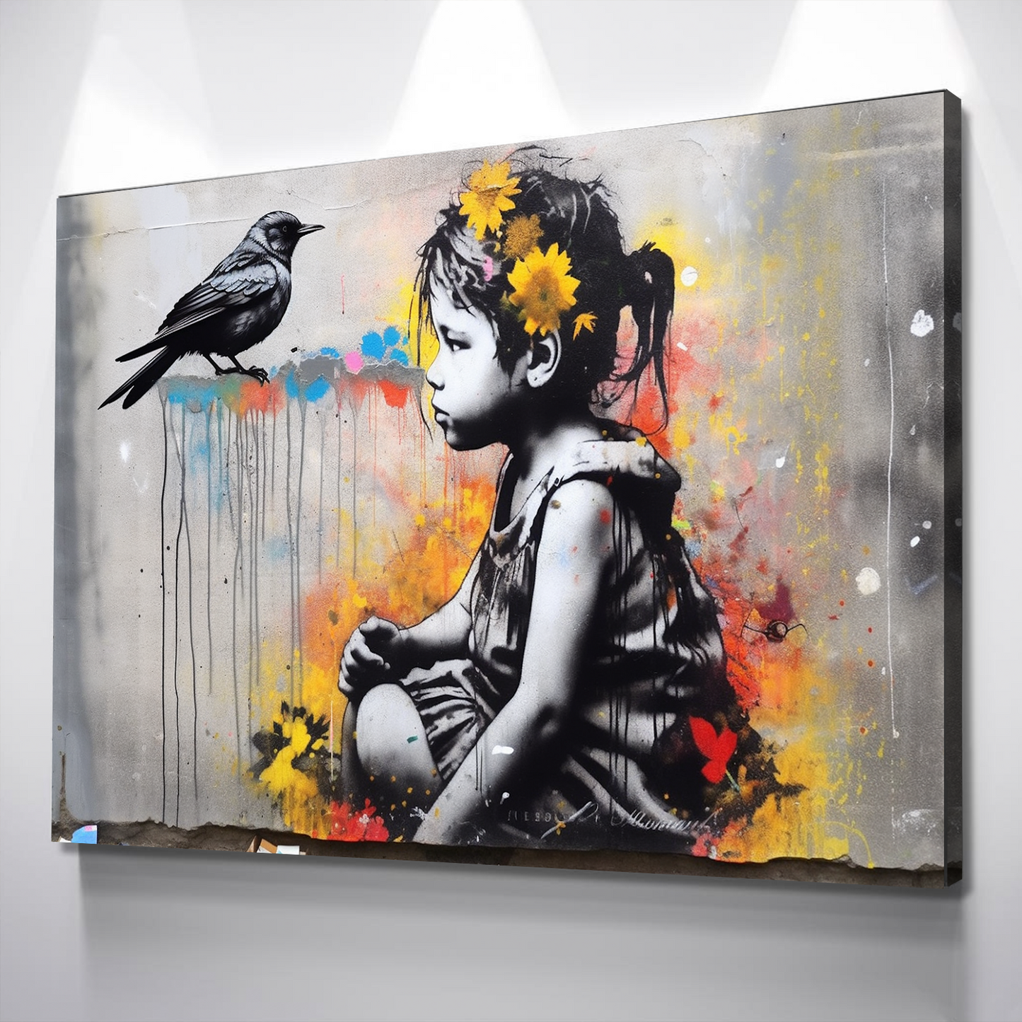 Graffiti Canvas Art | Little Girl and Bird Banksy Style Graffiti Print Poster Art Canvas Wall Art | Living Room Bedroom Canvas Wall Art