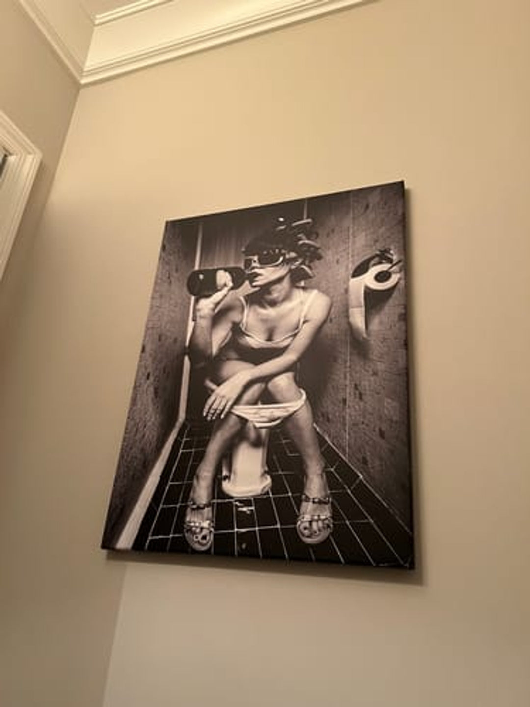Funny Bathroom Art - Drinking on Toilet Poster in Black and White | Quirky Bathroom Decor