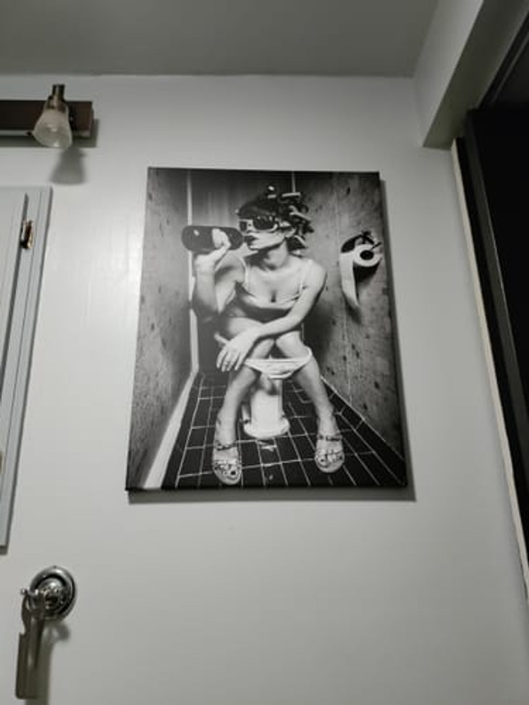 Funny Bathroom Art - Drinking on Toilet Poster in Black and White | Quirky Bathroom Decor