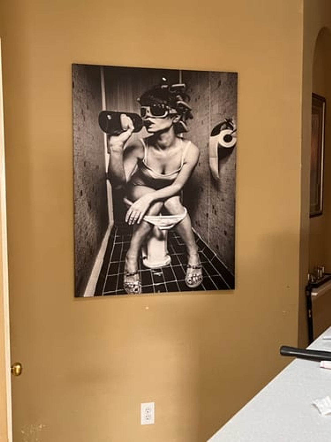 Funny Bathroom Art - Drinking on Toilet Poster in Black and White | Quirky Bathroom Decor