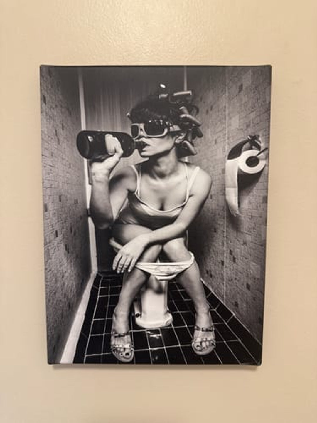 Funny Bathroom Art - Drinking on Toilet Poster in Black and White | Quirky Bathroom Decor
