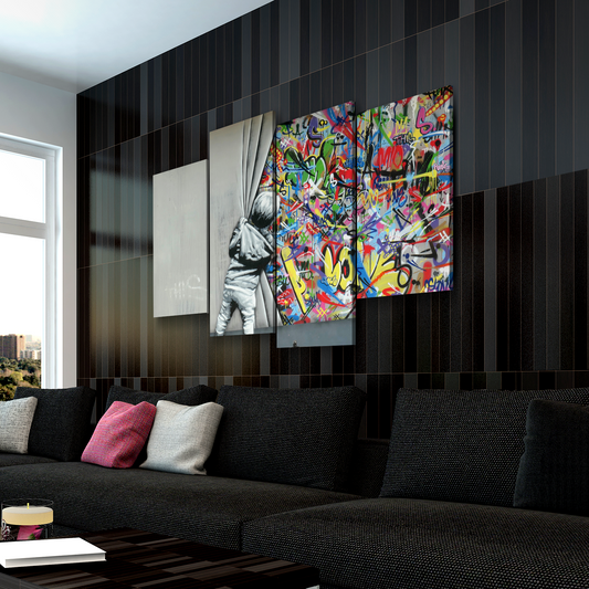 Banksy Prints | Banksy Canvas Art | Banksy Prints for Sale | Graffiti Canvas Art |  Whatson Behind the Curtain Reproduction 4 Panel