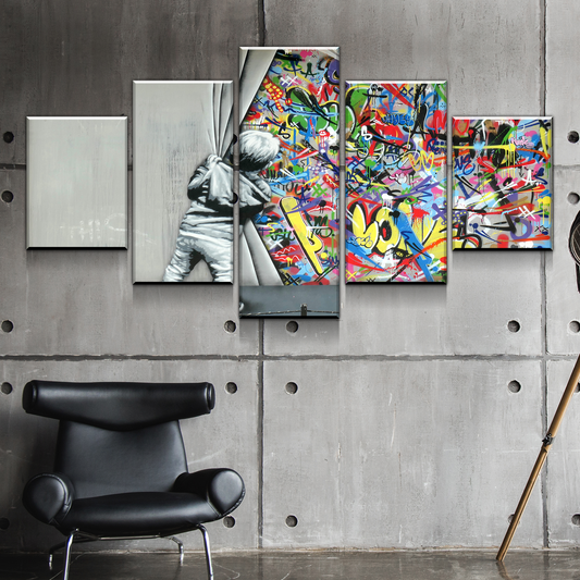 Banksy Prints | Banksy Canvas Art | Banksy Prints for Sale | Graffiti Canvas Art |  Whatson Behind the Curtain Reproduction 5 Panel