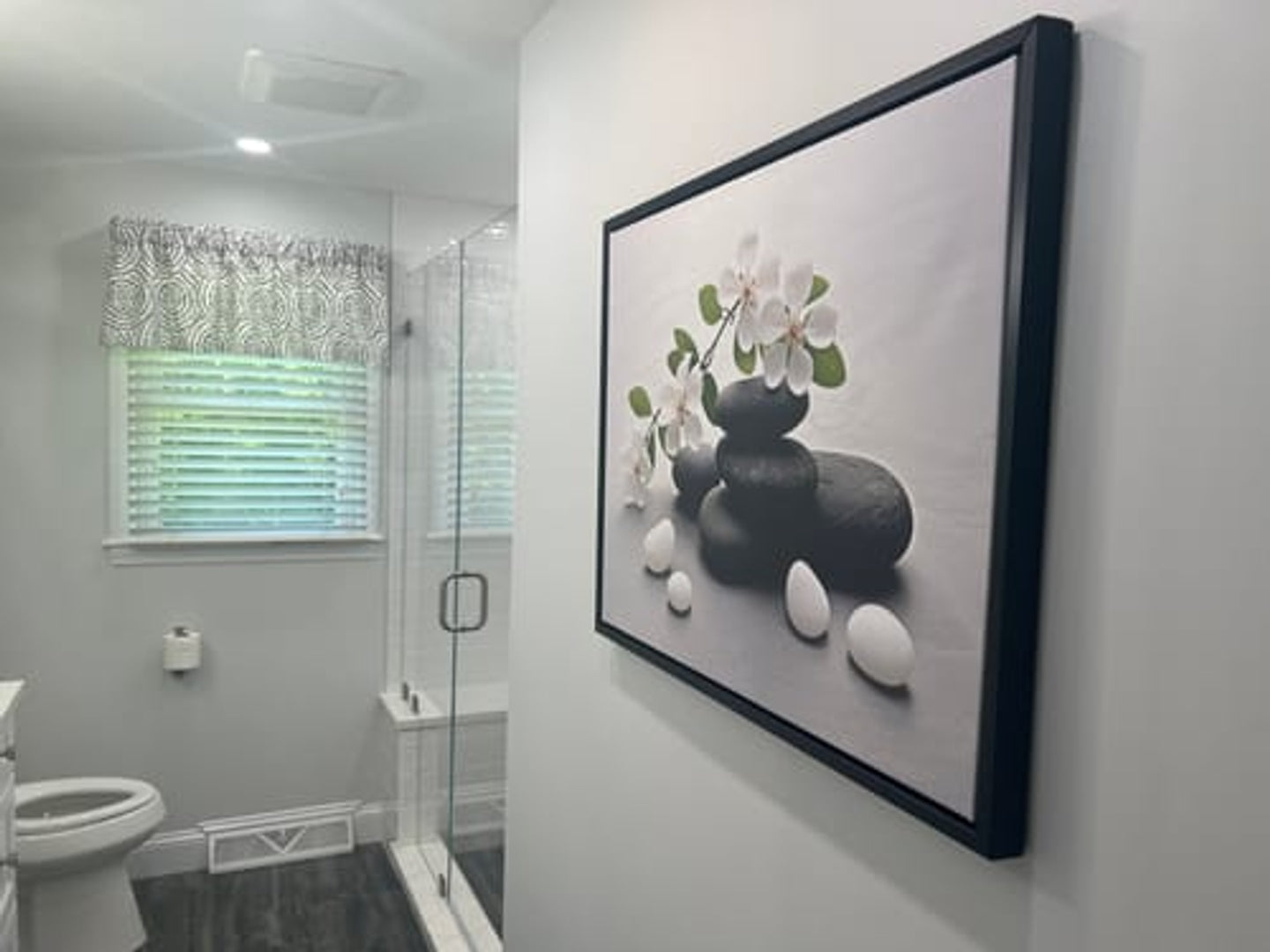 Floral Zen Stones White Bathroom Wall Art | Canvas Wall Decor for Relaxing Spaces v2