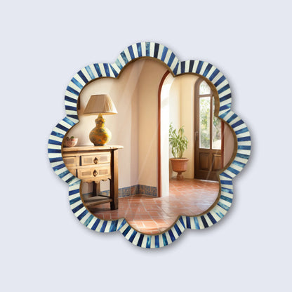 Handmade Blue & White Bone Inlay Scalloped Wall Mirror – 18"