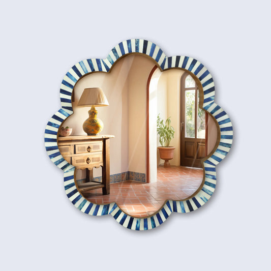 Handmade Blue & White Bone Inlay Scalloped Wall Mirror – 18"