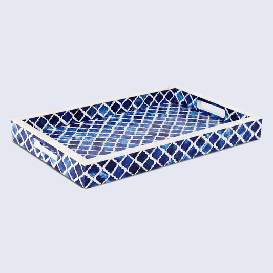 Decorative Tray Moroccan Pattern Bone & Resin Inlay Collection in 3 Sizes, Blue & White