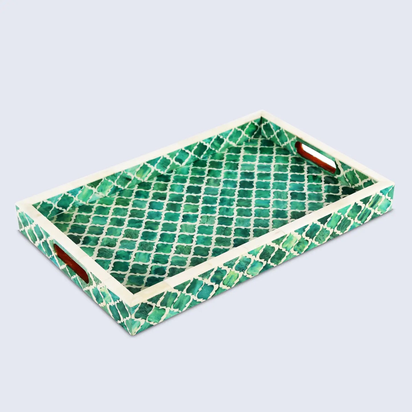 Decorative Tray Moroccan Pattern Bone & Resin Inlay Collection in 3 Sizes, Green & White