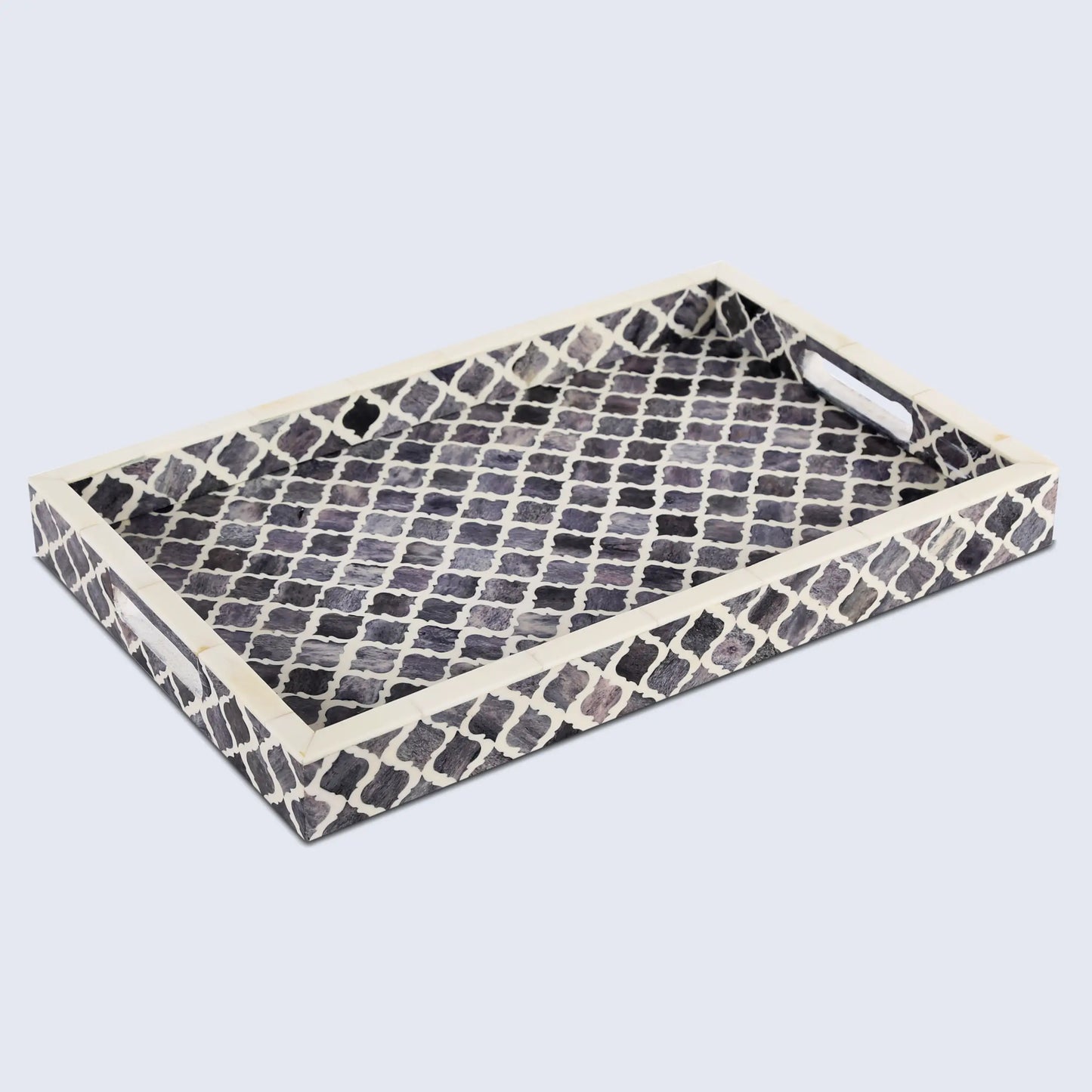 Decorative Tray Moroccan Pattern Bone & Resin Inlay Collection in 3 Sizes, Grey & White