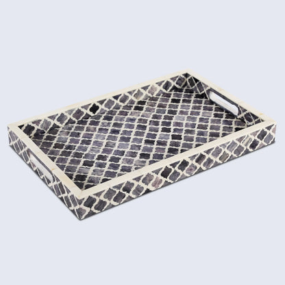 Decorative Tray Moroccan Pattern Bone & Resin Inlay Collection in 3 Sizes, Grey & White