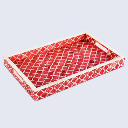 Decorative Tray Moroccan Pattern Bone & Resin Inlay Collection in 3 Sizes, Red & White
