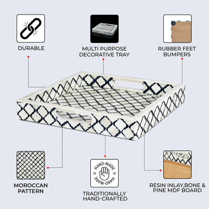 Decorative Tray Moroccan Pattern Bone & Resin Inlay Collection in 3 Sizes, Black & White
