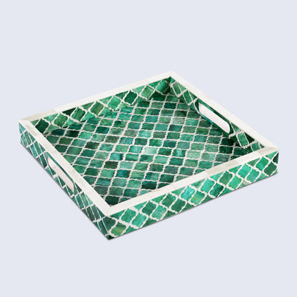Decorative Tray Moroccan Pattern Bone & Resin Inlay Collection in 3 Sizes, Green & White