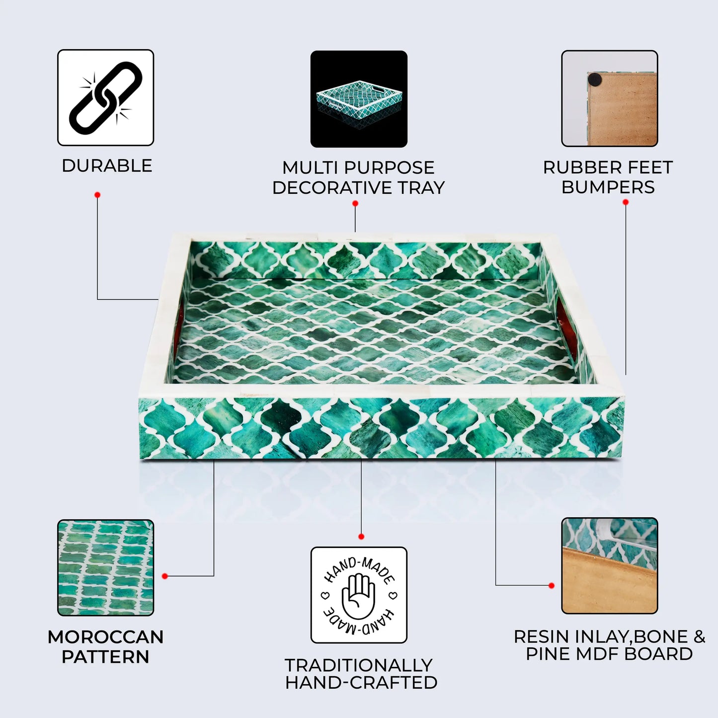 Decorative Tray Moroccan Pattern Bone & Resin Inlay Collection in 3 Sizes, Green & White