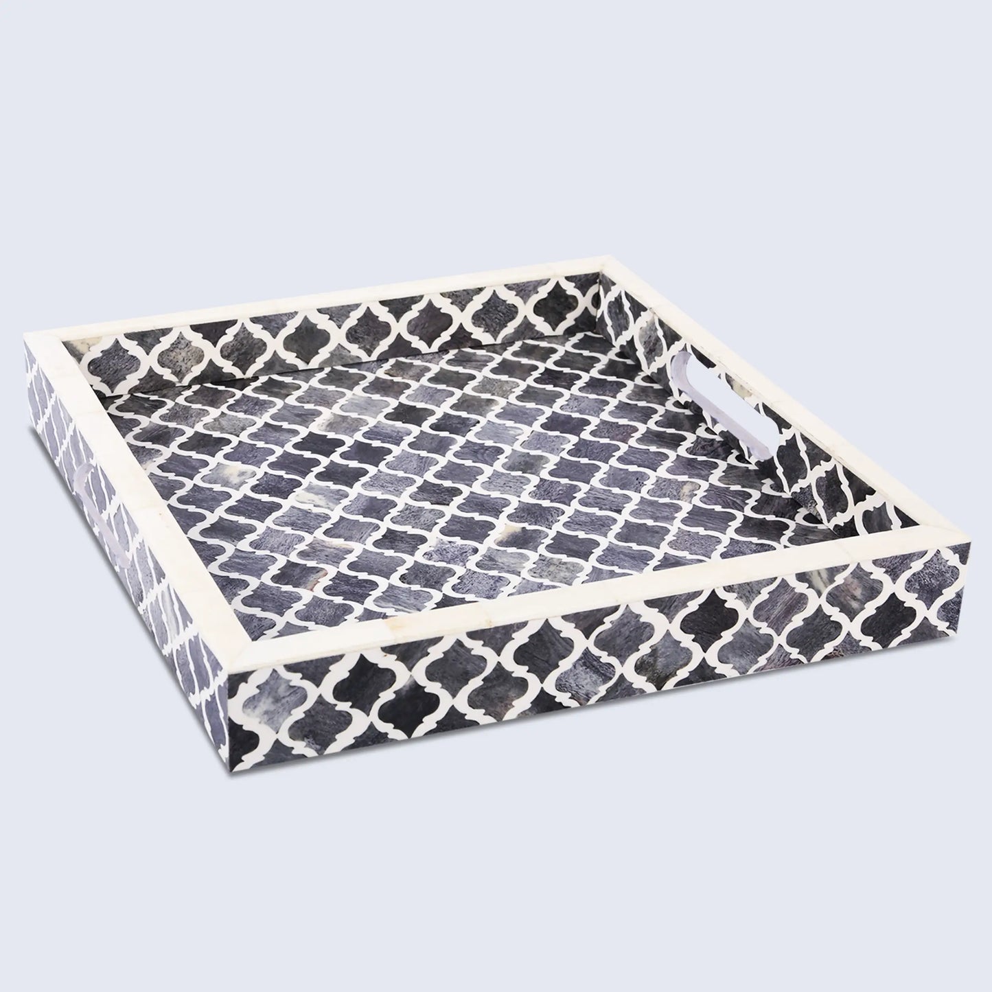 Decorative Tray Moroccan Pattern Bone & Resin Inlay Collection in 3 Sizes, Grey & White