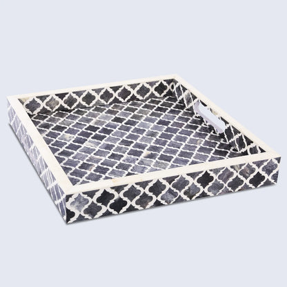 Decorative Tray Moroccan Pattern Bone & Resin Inlay Collection in 3 Sizes, Grey & White