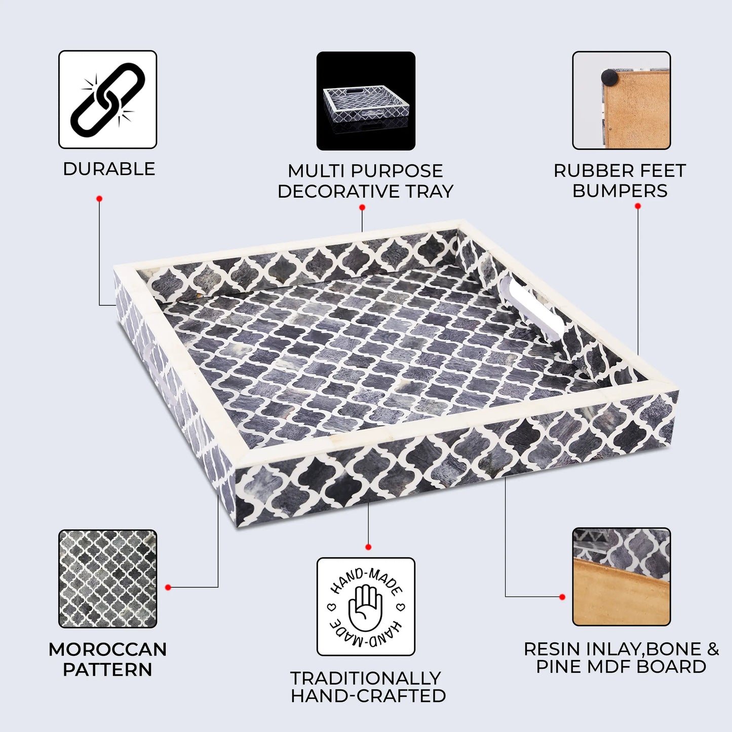 Decorative Tray Moroccan Pattern Bone & Resin Inlay Collection in 3 Sizes, Grey & White