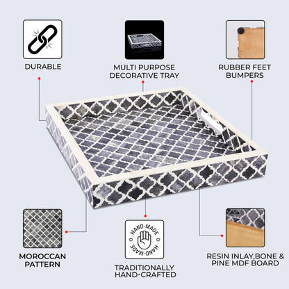 Decorative Tray Moroccan Pattern Bone & Resin Inlay Collection in 3 Sizes, Grey & White