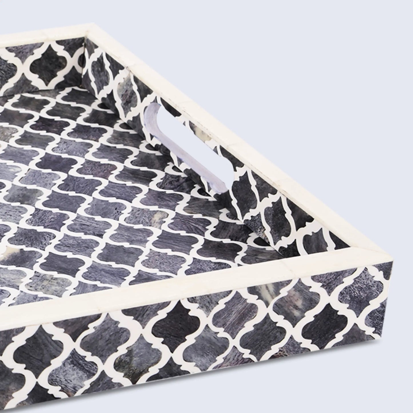 Decorative Tray Moroccan Pattern Bone & Resin Inlay Collection in 3 Sizes, Grey & White