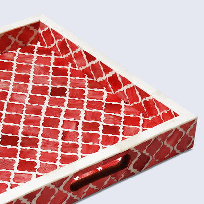 Decorative Tray Moroccan Pattern Bone & Resin Inlay Collection in 3 Sizes, Red & White