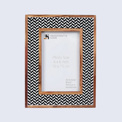 Chevron Herringbone Resin Inlay Picture Frame with Wooden Border, Black & White