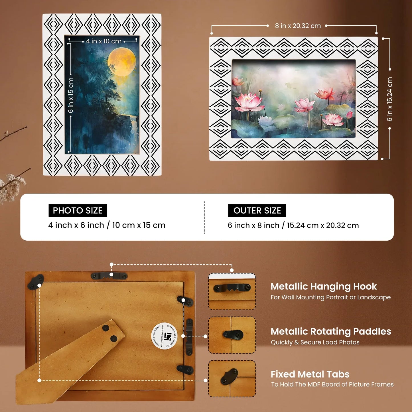 Resin inlay Tribal Geometry Pattern Black & White Picture Frame