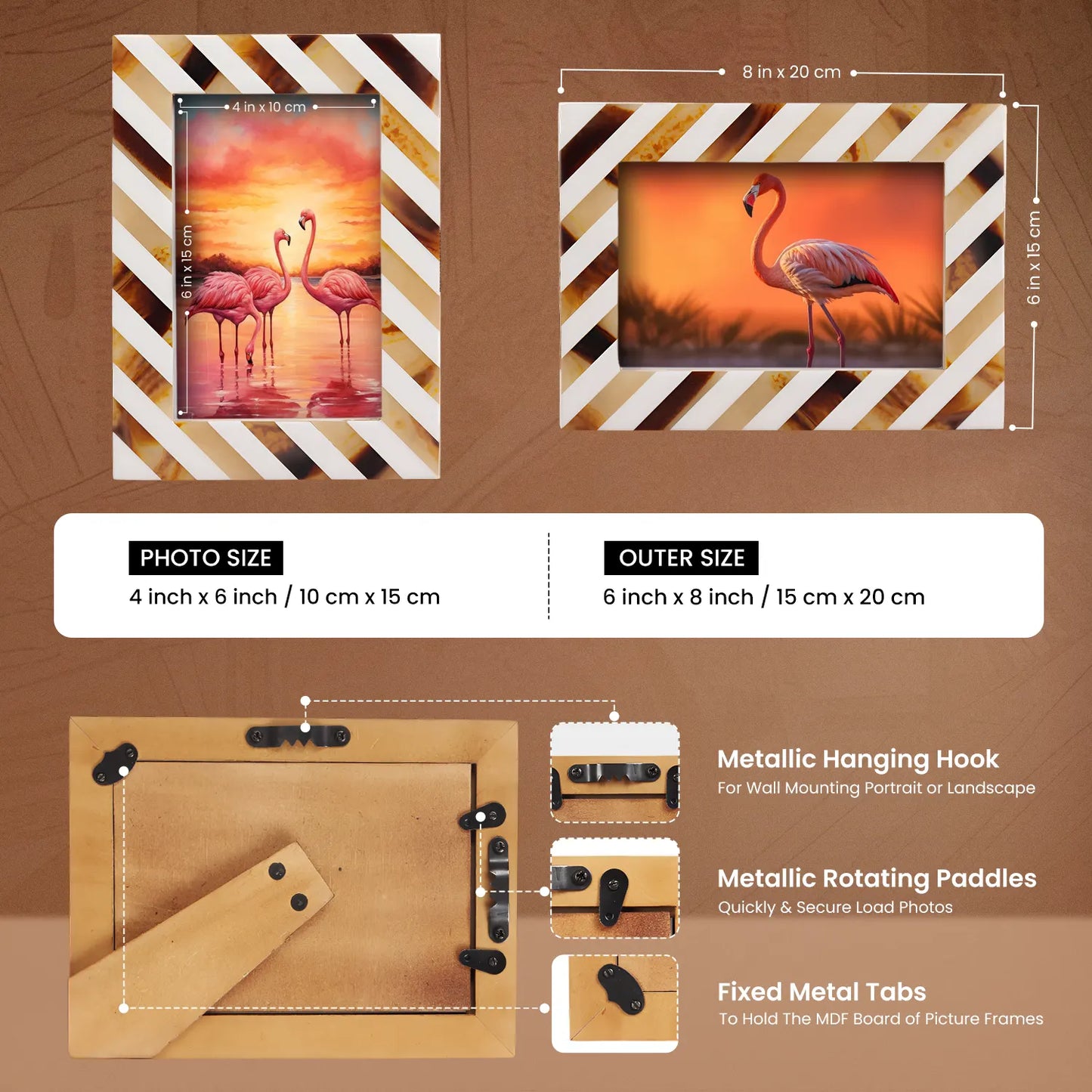 Bone & Resin Inlay Brown & White Striped Pattern Picture Frame