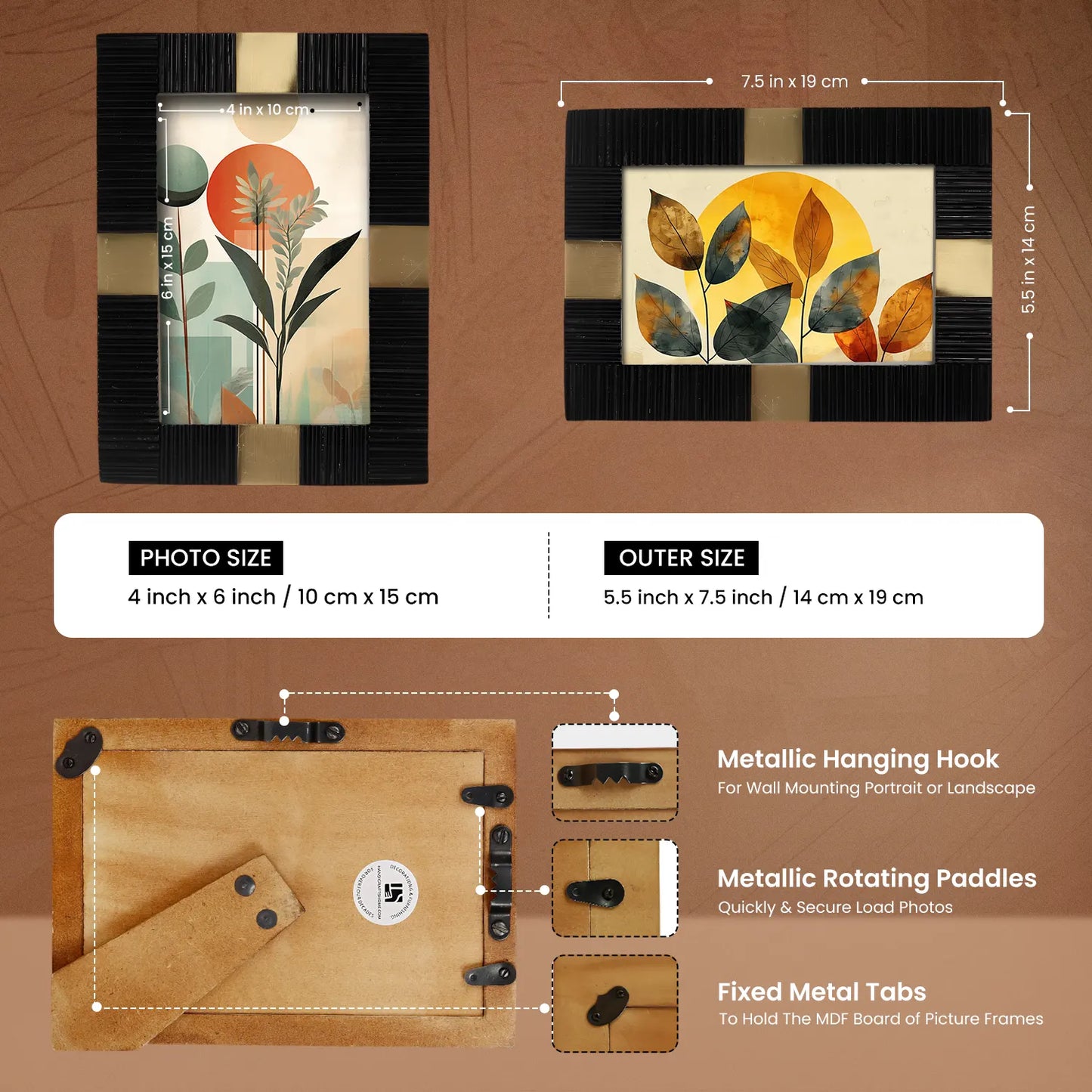 Resin Inlay Deco Black & Gold Picture Frame For Desk & Wall-3 Sizes