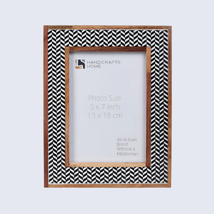 Chevron Herringbone Resin Inlay Picture Frame with Wooden Border, Black & White