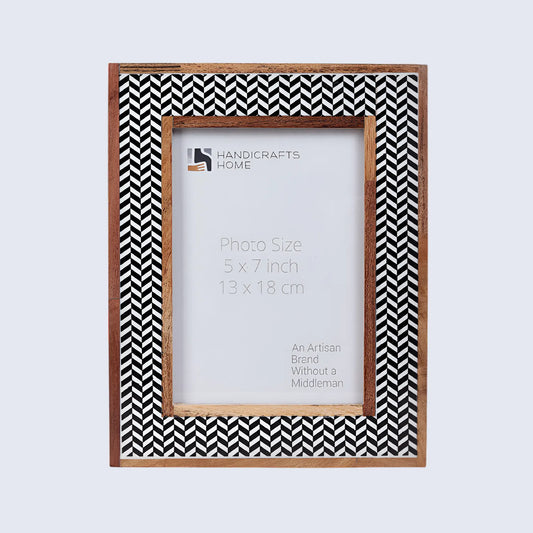 Chevron Herringbone Resin Inlay Picture Frame with Wooden Border, Black & White