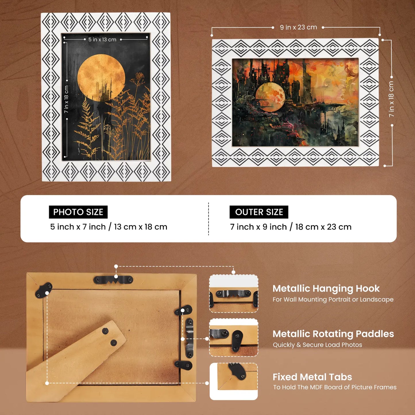 Resin inlay Tribal Geometry Pattern Black & White Picture Frame