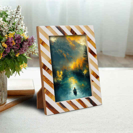 Bone & Resin Inlay Brown & White Striped Pattern Picture Frame